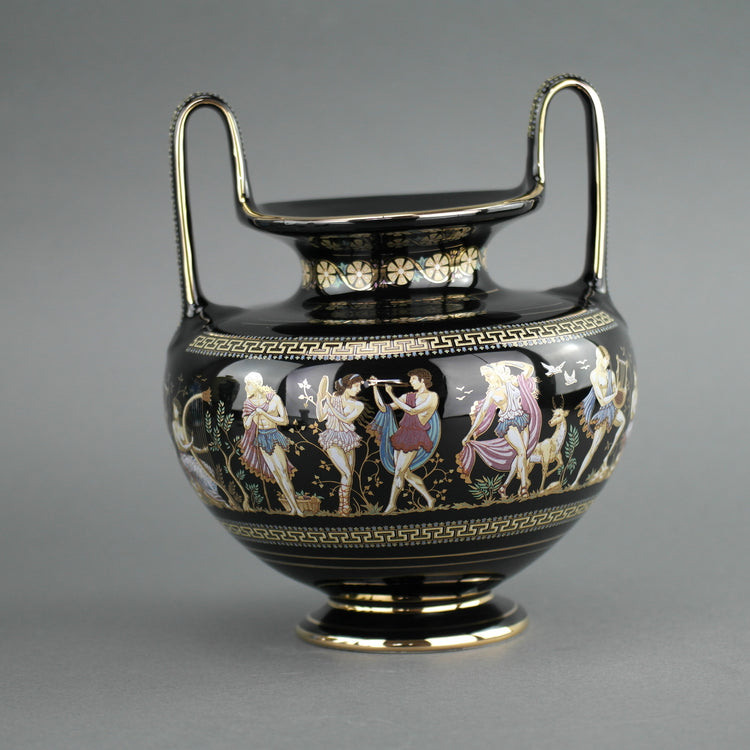 Vintage handmade 24ct Gold plate pottery vase urn Greek Black colour made by Fakiolas, Greece