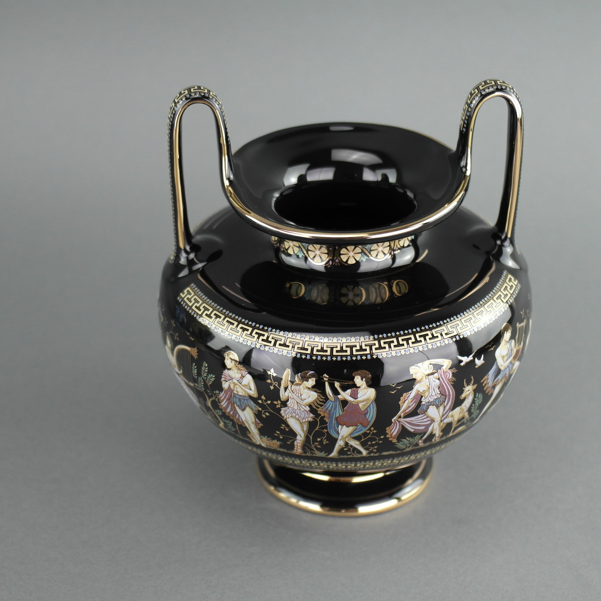 Vintage handmade 24ct Gold plate pottery vase urn Greek Black colour made by Fakiolas, Greece