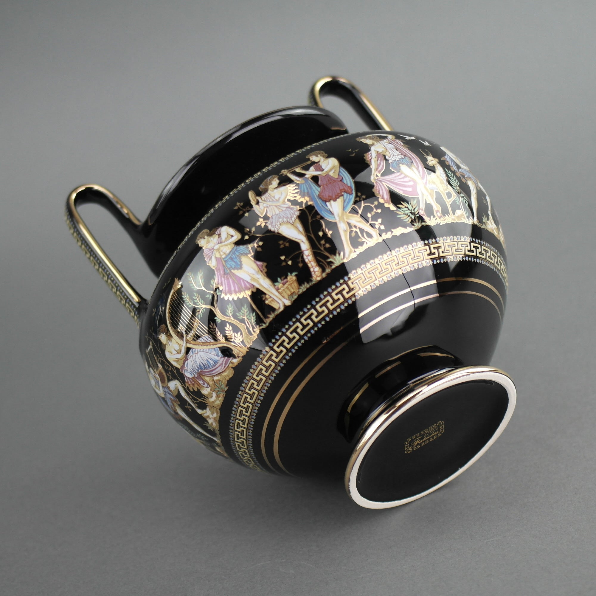 Vintage handmade 24ct Gold plate pottery vase urn Greek Black colour made by Fakiolas, Greece