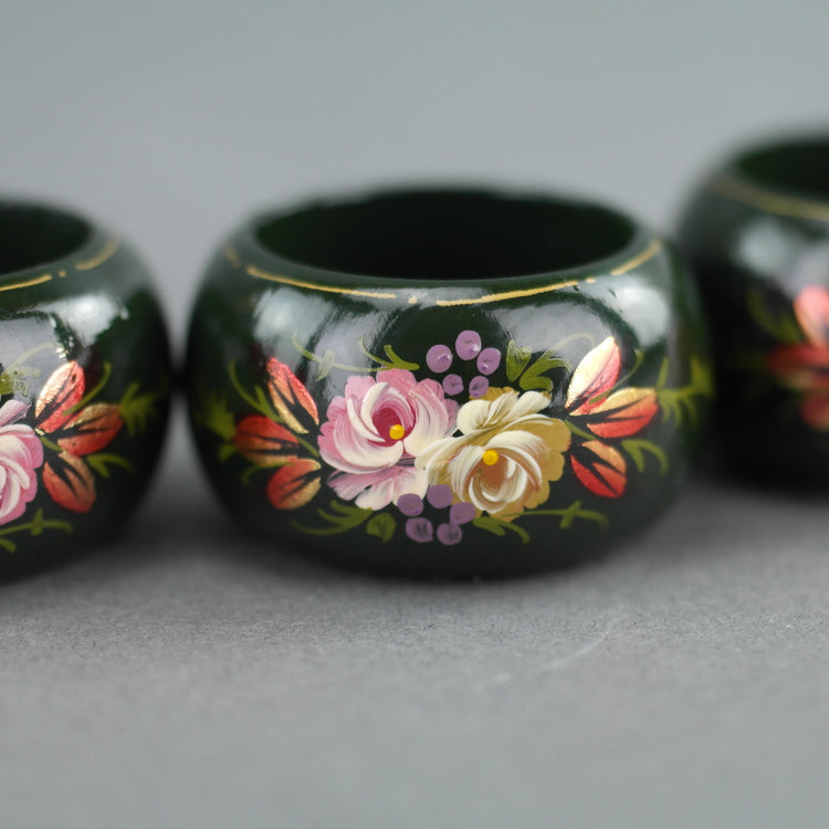 Vintage Russian four napkin rings set solid wood flowers on green colour