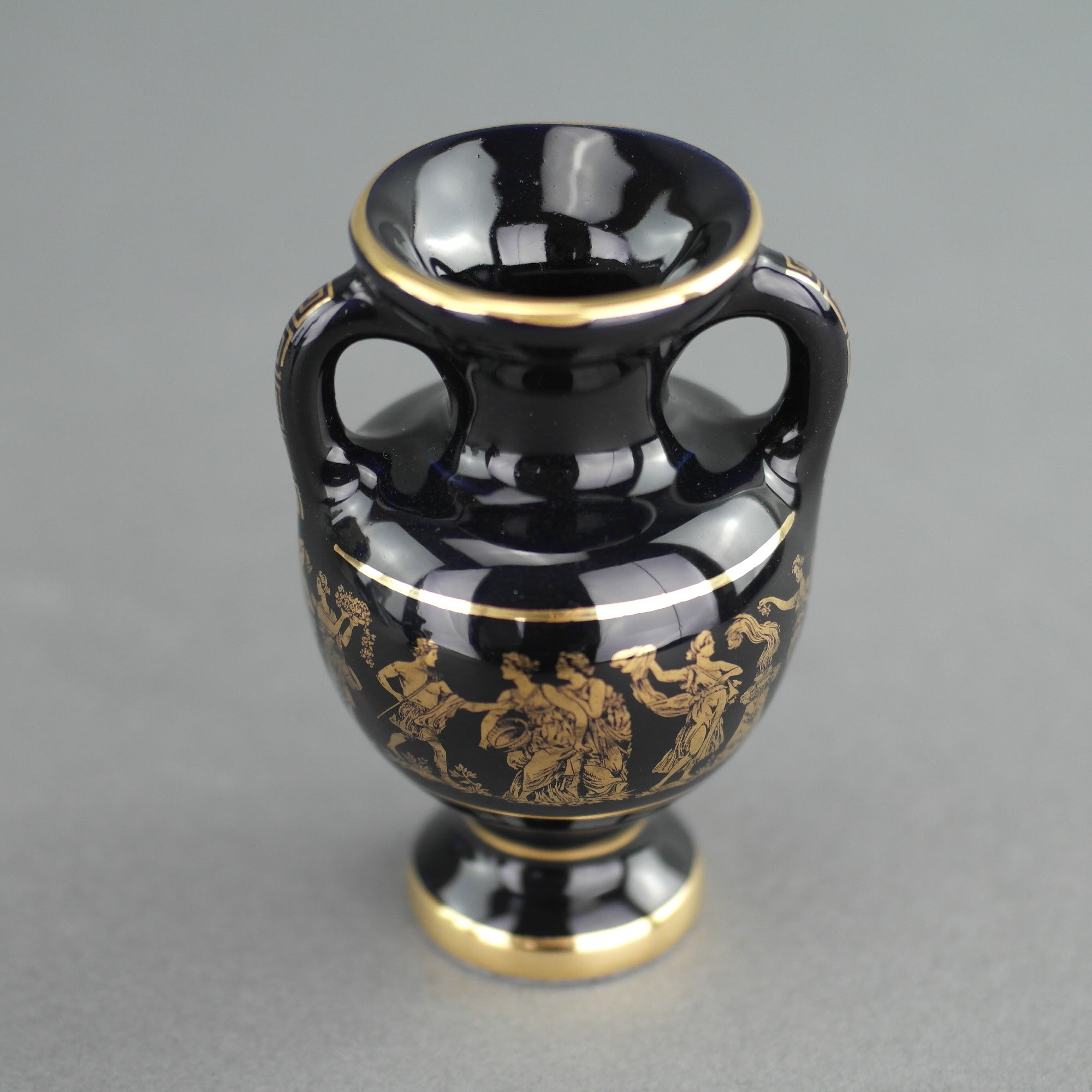 Vintage handmade 24ct Gold plate pottery vase jug Greek Royal blue colour made by St