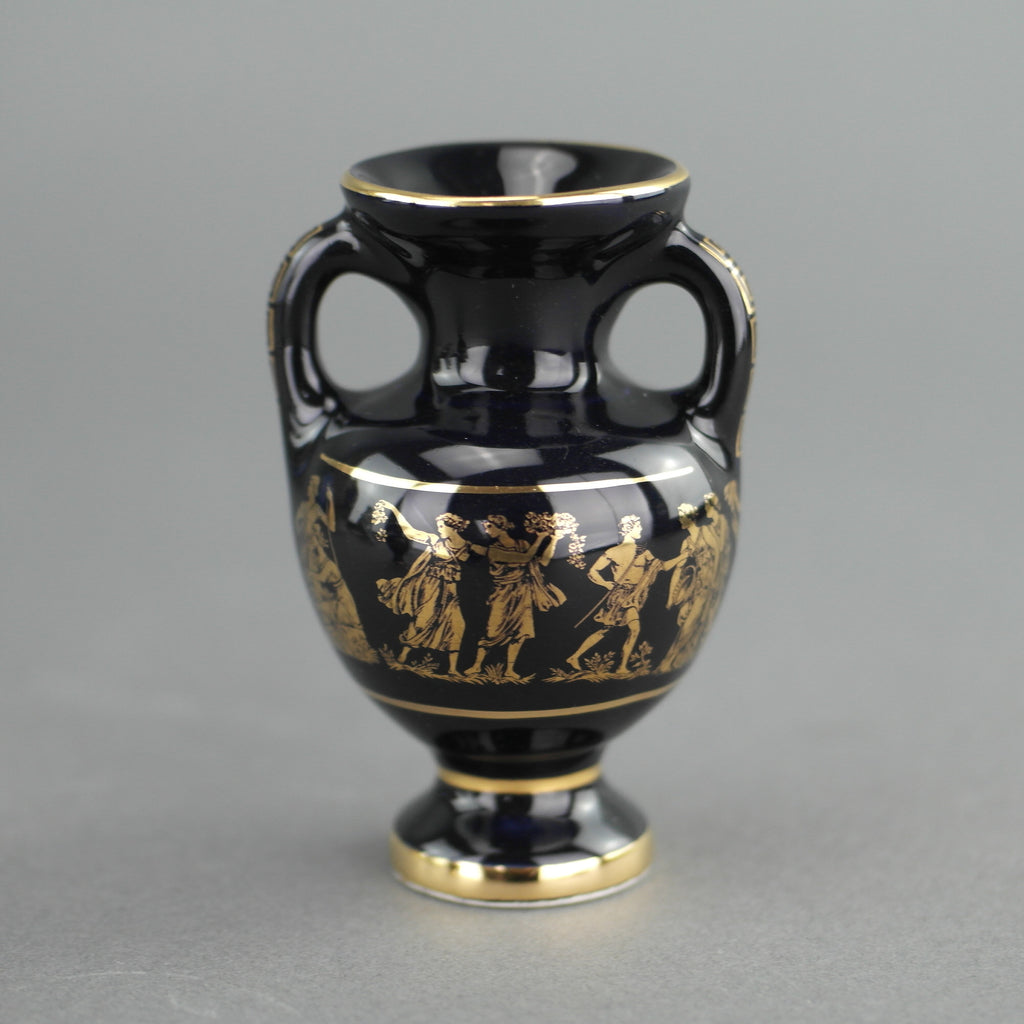 Vintage handmade 24ct Gold plate pottery vase jug Greek Royal blue colour made by St