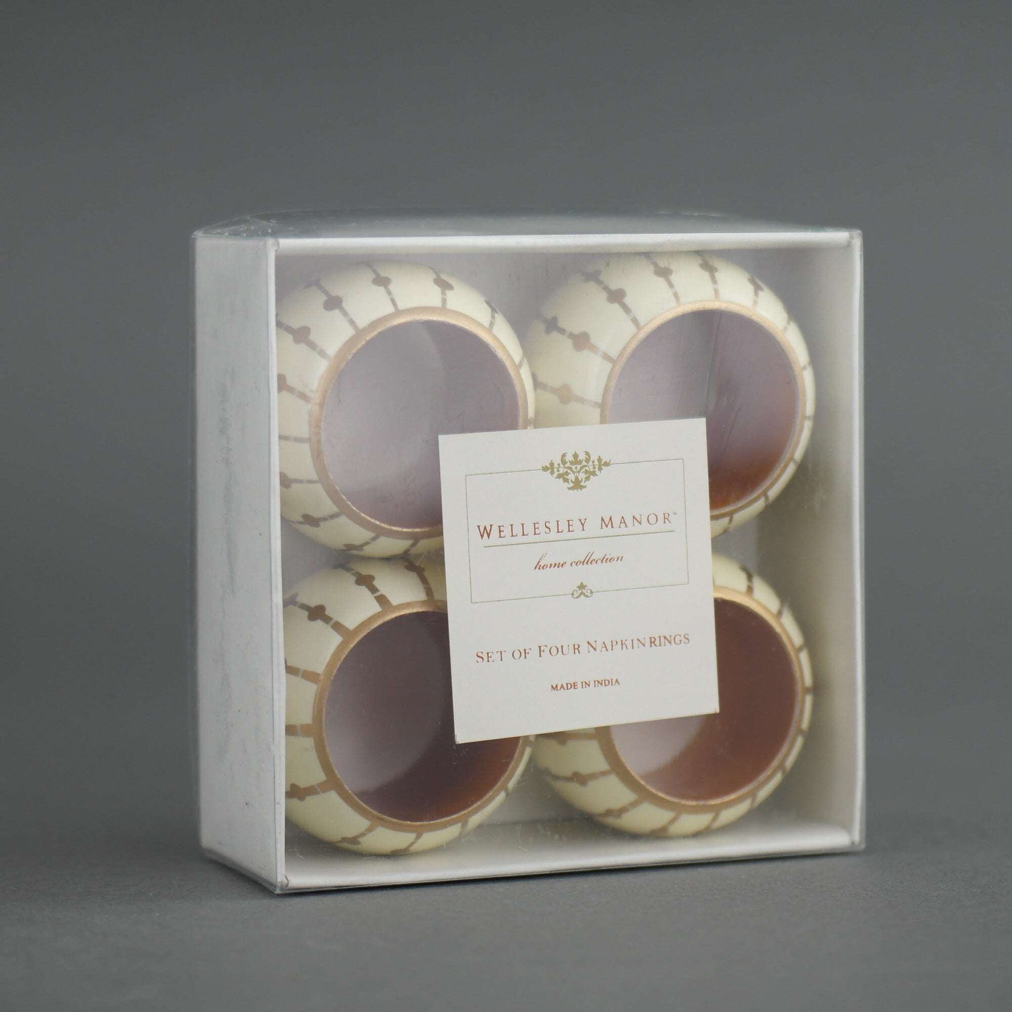 Vintage Wellesley Manor Set mit vier Serviettenringen in Box aus Holz in der Farbe Weißgold
