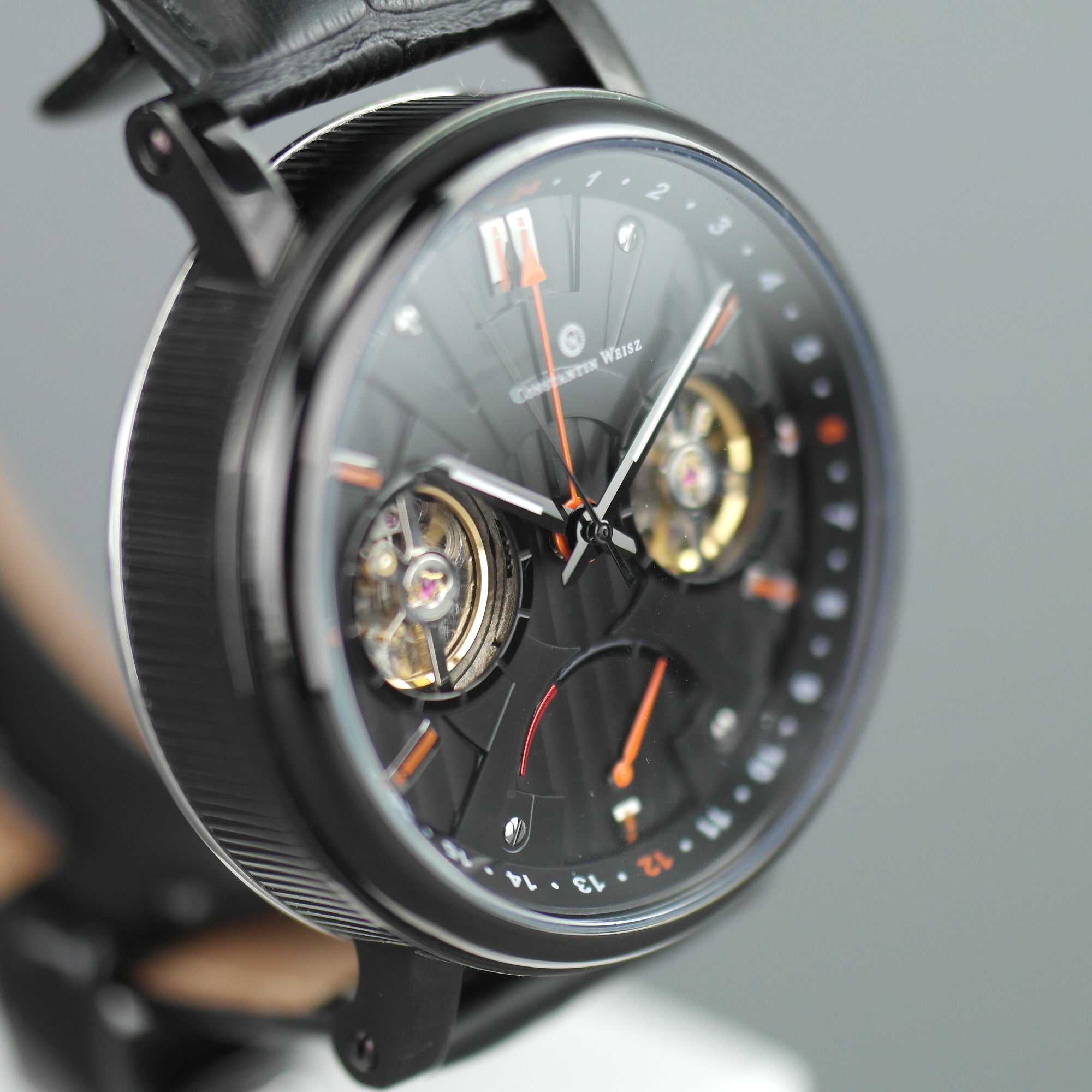 Constantin Weisz Automatic Double heart all black wrist watch with leather strap