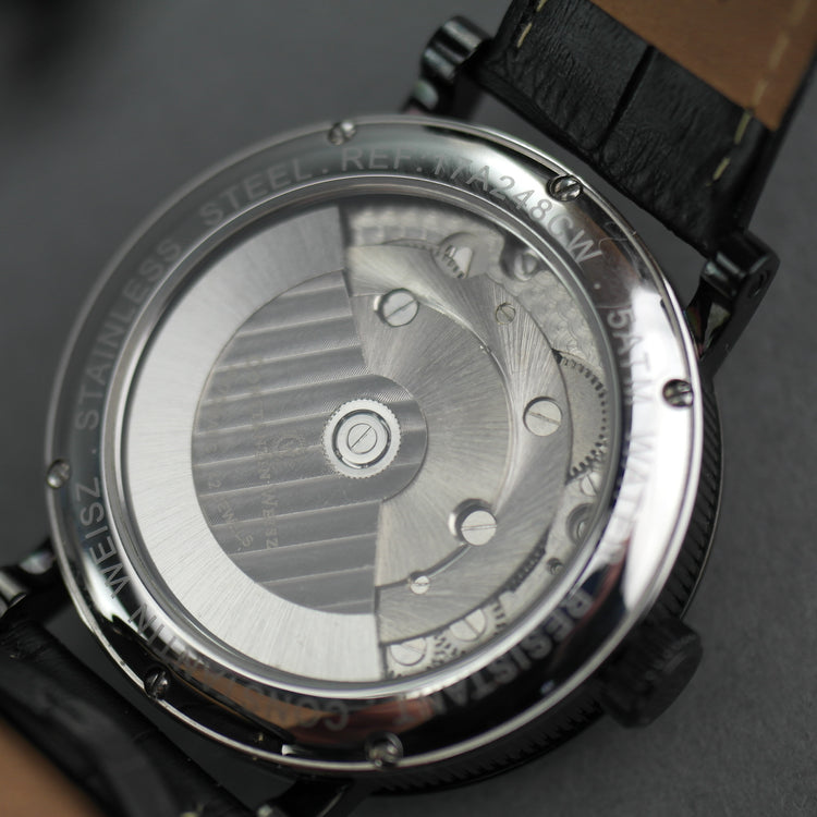 Constantin Weisz Automatik-Armbanduhr mit doppeltem Herz, ganz in Schwarz und Lederarmband