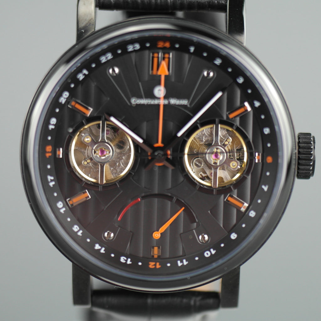 Constantin Weisz Automatik-Armbanduhr mit doppeltem Herz, ganz in Schwarz und Lederarmband