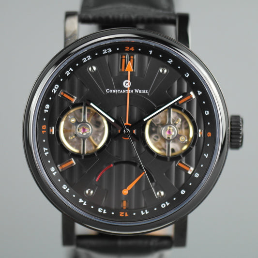 Constantin Weisz Automático Doble corazón reloj de pulsera completamente negro con correa de cuero