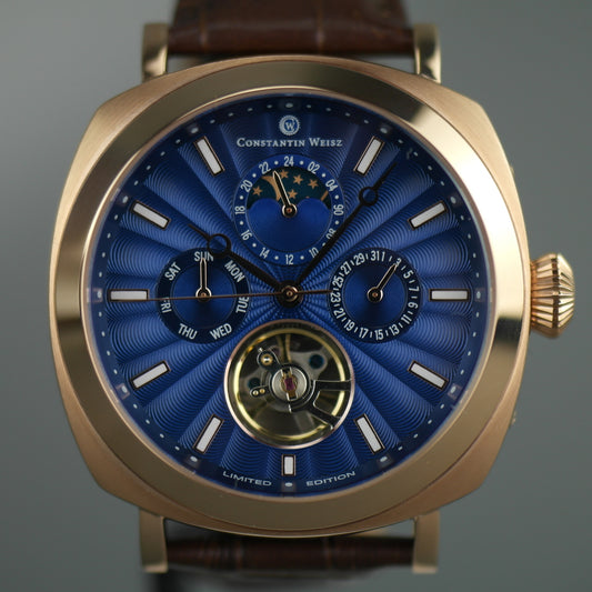 Constantin Weisz Limited Edition, automatische, vergoldete Armbanduhr mit marineblauem Zifferblatt und Lederarmband