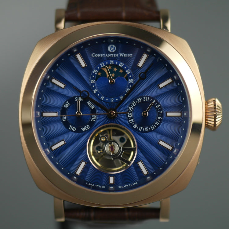 Constantin Weisz Edición limitada Reloj de pulsera automático chapado en oro con esfera azul marino y correa de cuero