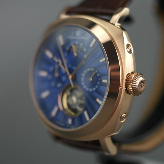 Constantin Weisz Limited Edition, automatische, vergoldete Armbanduhr mit marineblauem Zifferblatt und Lederarmband
