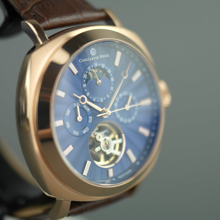 Constantin Weisz Edición limitada Reloj de pulsera automático chapado en oro con esfera azul marino y correa de cuero