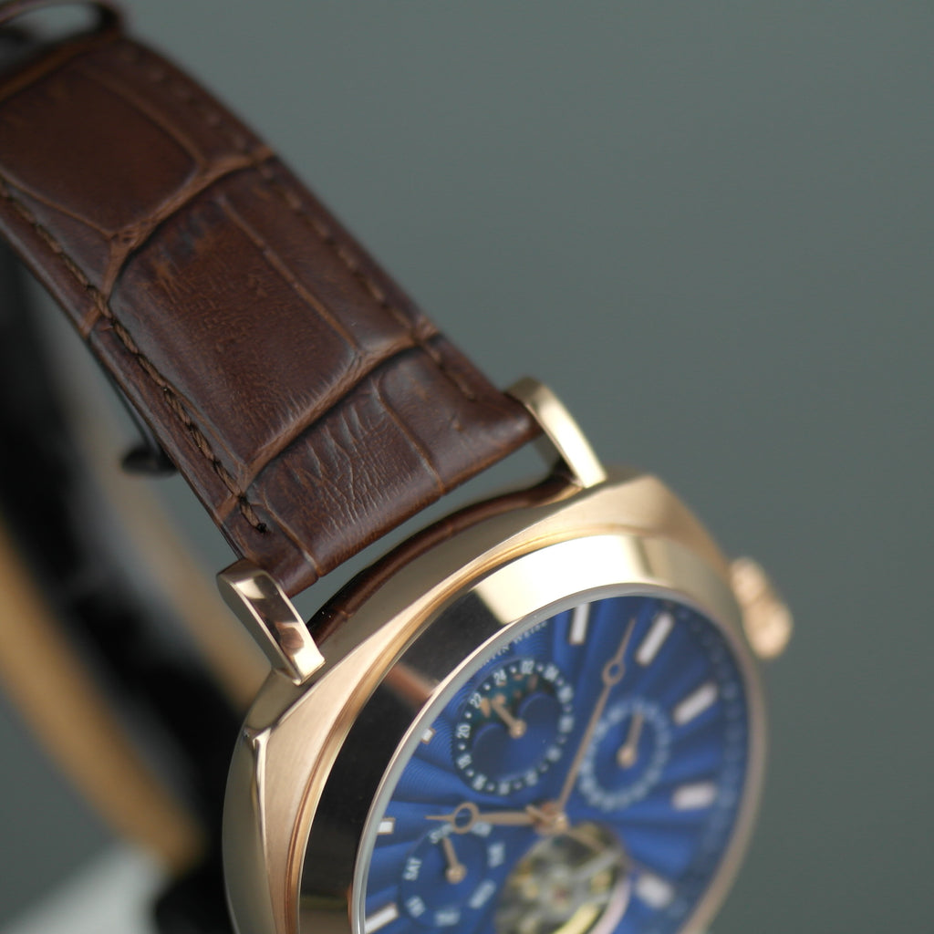 Constantin Weisz Edición limitada Reloj de pulsera automático chapado en oro con esfera azul marino y correa de cuero