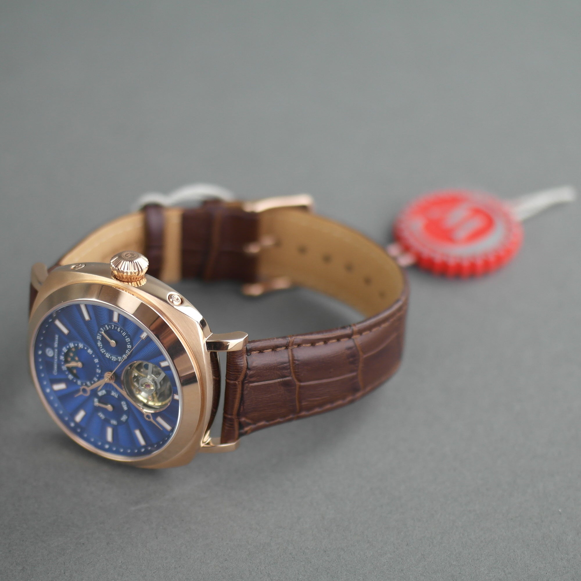 Constantin Weisz Limited Edition, automatische, vergoldete Armbanduhr mit marineblauem Zifferblatt und Lederarmband