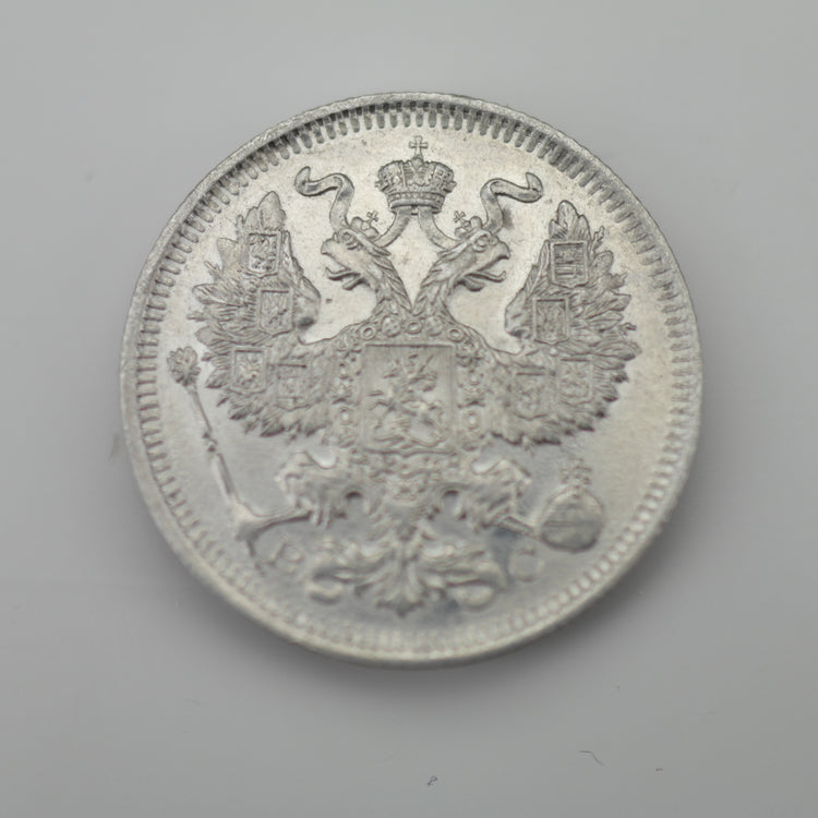 Antike 1913-Münze aus massivem Silber, 20 Kopeken, Kaiser Nikolaus II. des Russischen Reiches