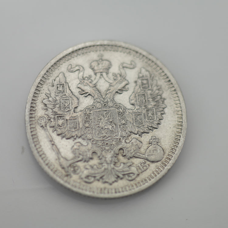 Antike Münze aus massivem Silber von 1910, 20 Kopeken, Kaiser Nikolaus II. des Russischen Reiches