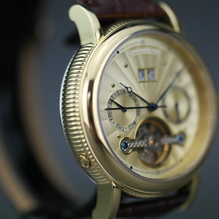 Constantin Weisz Automatik-Armbanduhr mit offenem Herzen, vergoldet, braunes Lederarmband