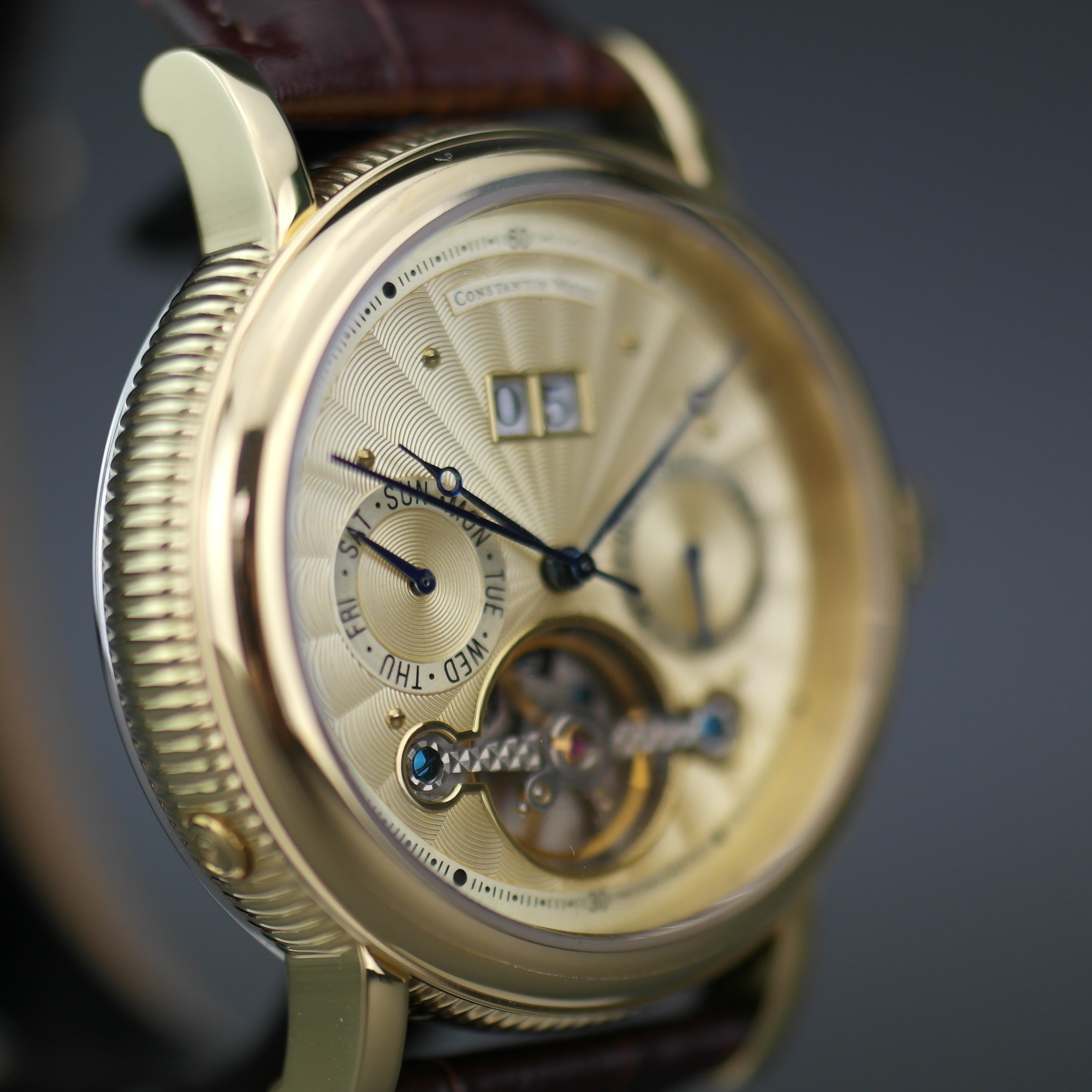 Constantin Weisz Automatic gold plated open heart wrist watch brown leather strap