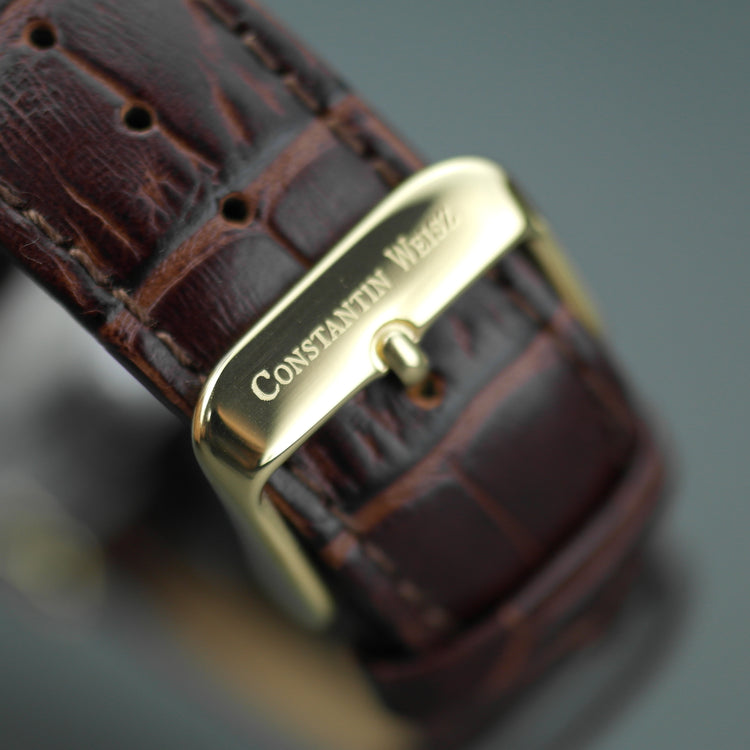 Constantin Weisz Automatik-Armbanduhr mit offenem Herzen, vergoldet, braunes Lederarmband