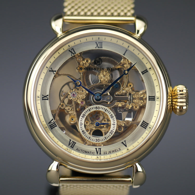 Constantin Weisz Gold plated Automatic wrist watch skeleton dial and Milanese bracelet