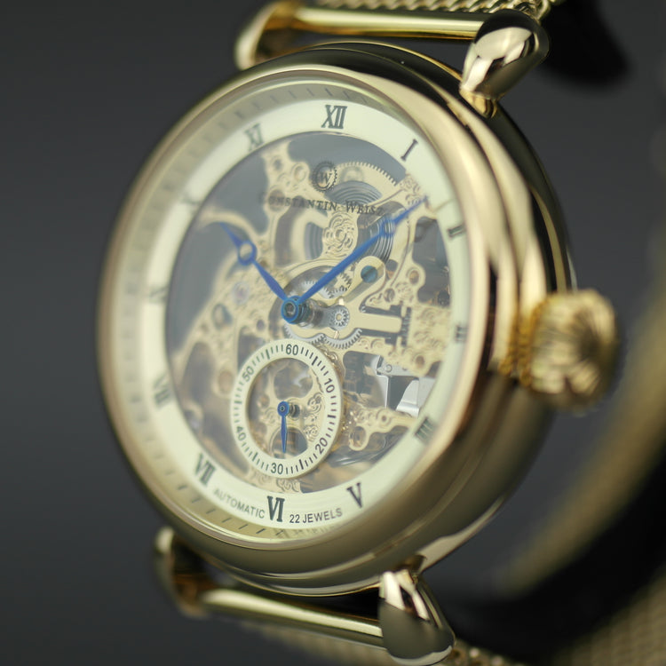 Constantin Weisz Gold plated Automatic wrist watch skeleton dial and Milanese bracelet