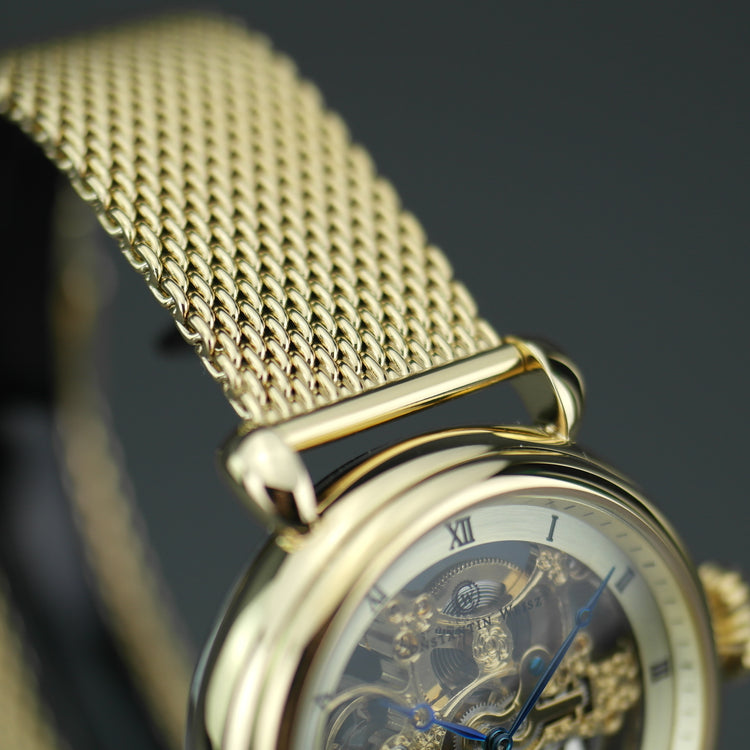 Constantin Weisz Gold plated Automatic wrist watch skeleton dial and Milanese bracelet