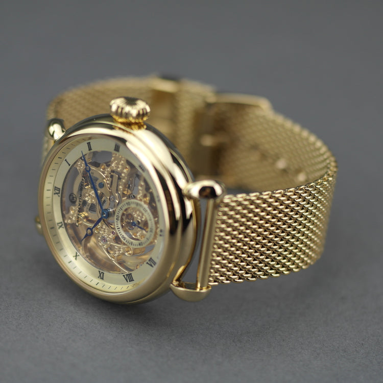 Constantin Weisz Reloj de pulsera automático chapado en oro con esfera esquelética y pulsera milanesa