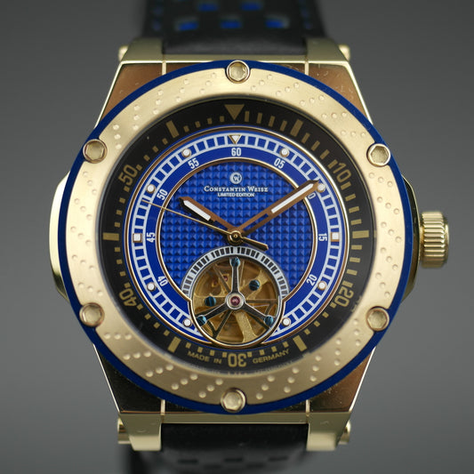 Edición limitada Constantin Weisz Automático 24 joyas Reloj de pulsera chapado en oro con esfera azul
