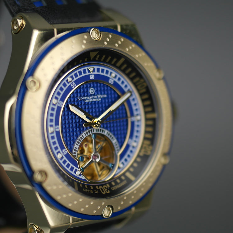 Edición limitada Constantin Weisz Automático 24 joyas Reloj de pulsera chapado en oro con esfera azul