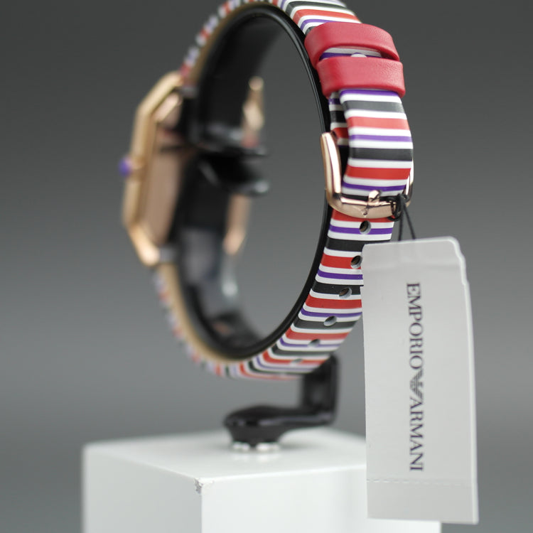 Emporio Armani Two-Hand wrist watch with multicolor striped leather strap and dial