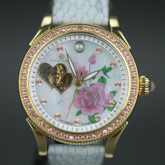 Constantin Weisz Flower Love vergoldete Automatik-Armbanduhr mit Perlmutt-Zifferblatt