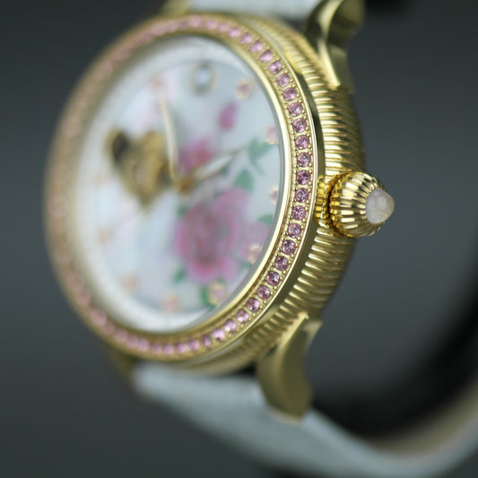 Constantin Weisz Flower Love vergoldete Automatik-Armbanduhr mit Perlmutt-Zifferblatt