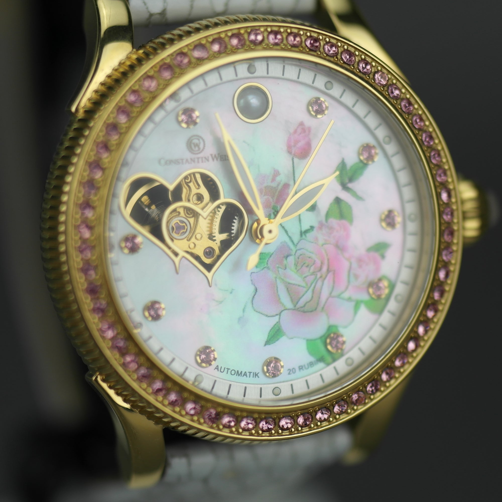 Constantin Weisz Flower Love vergoldete Automatik-Armbanduhr mit Perlmutt-Zifferblatt