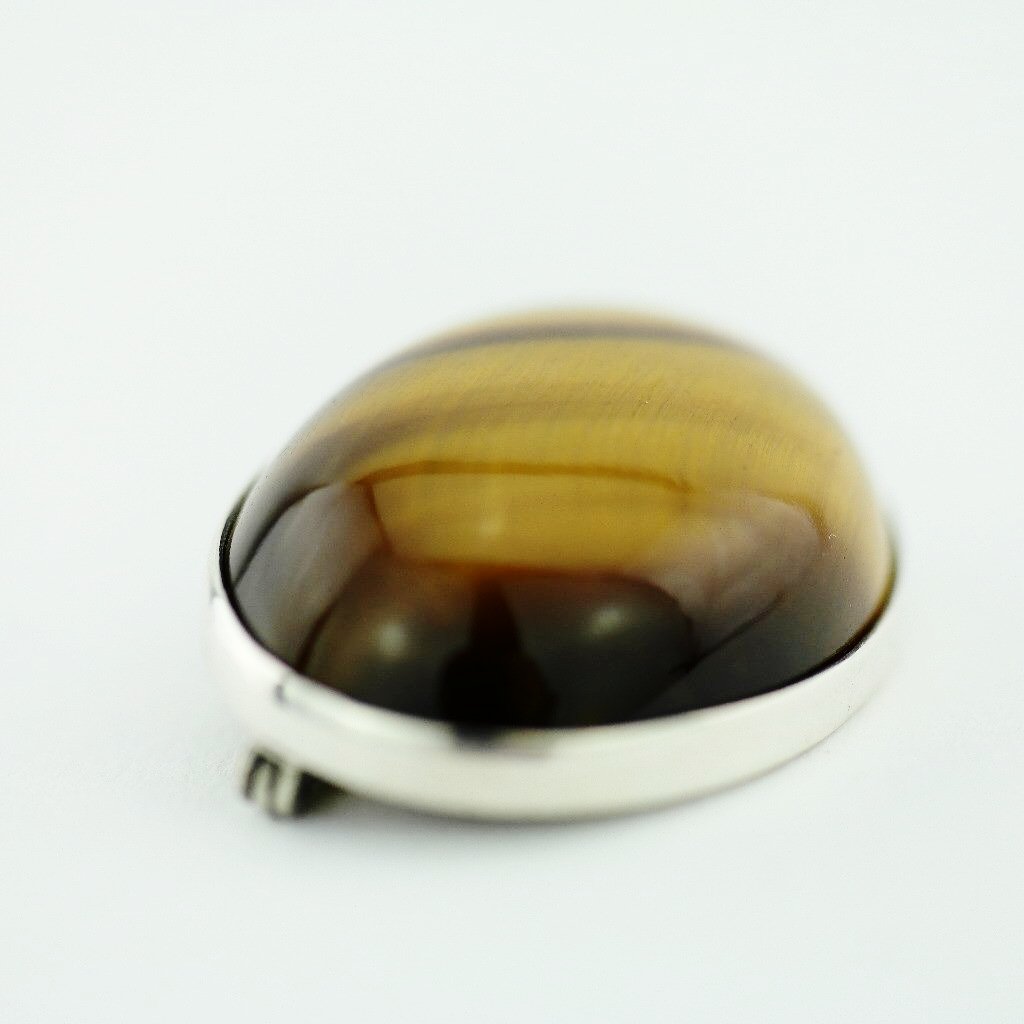 Antique solid silver pin brooch with Tiger Eye gemstone cabochon STERLING WWL