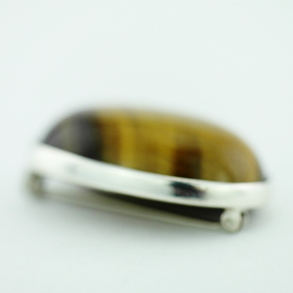 Antique solid silver pin brooch with Tiger Eye gemstone cabochon STERLING WWL