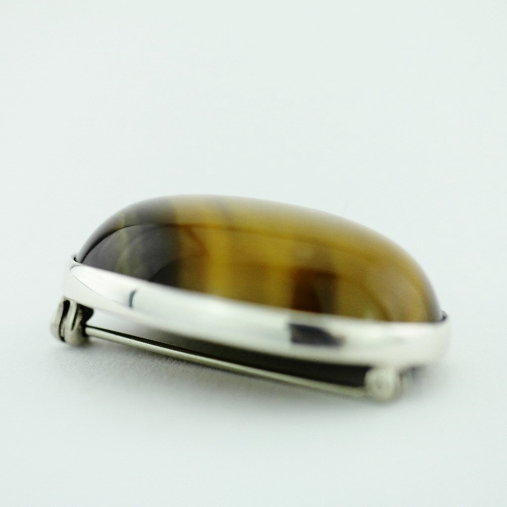 Antique solid silver pin brooch with Tiger Eye gemstone cabochon STERLING WWL