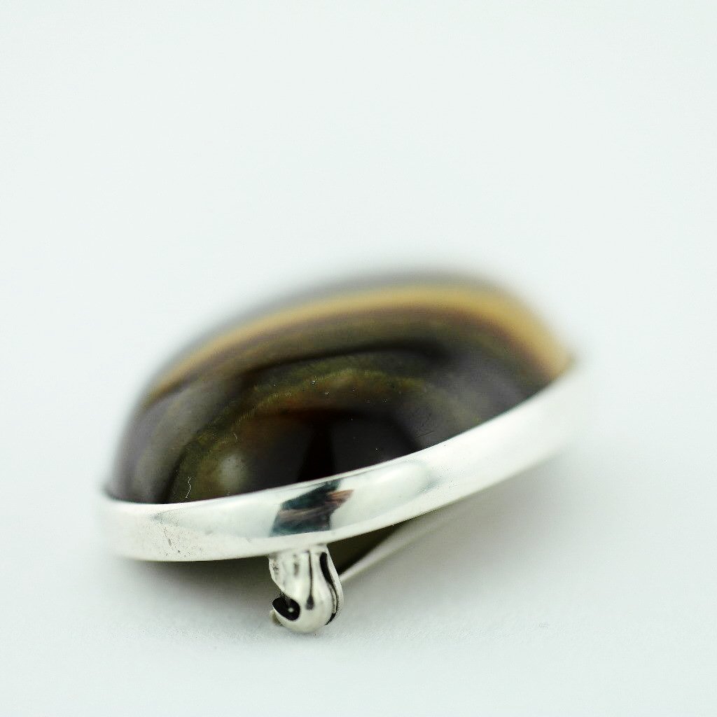 Antique solid silver pin brooch with Tiger Eye gemstone cabochon STERLING WWL