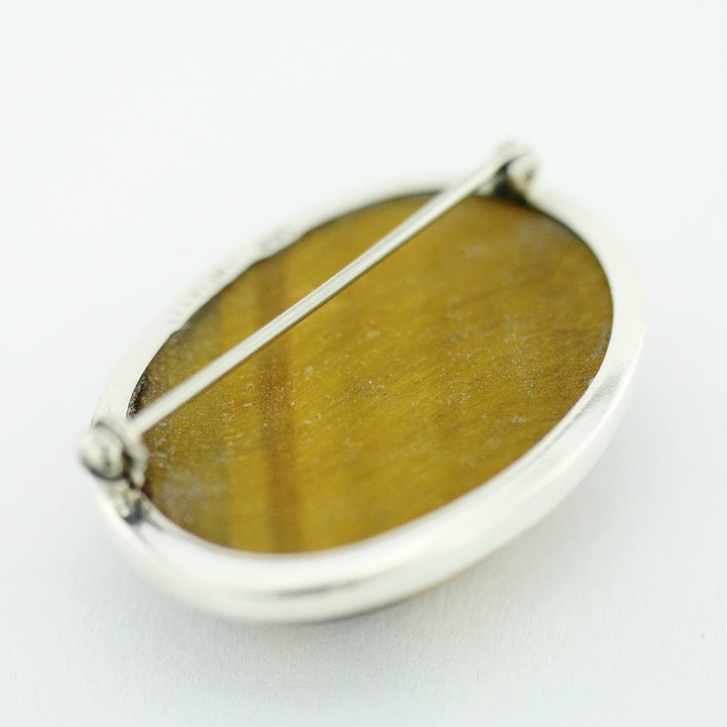 Antique solid silver pin brooch with Tiger Eye gemstone cabochon STERLING WWL