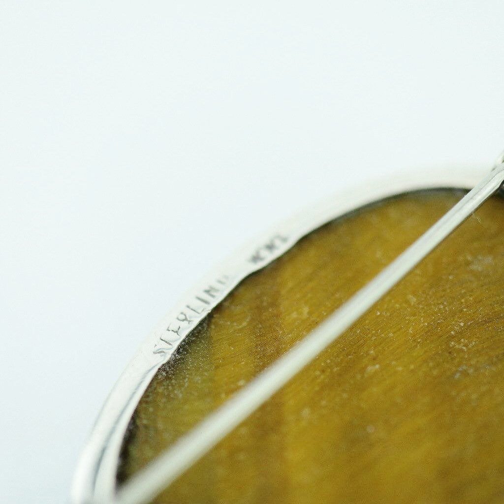 Antique solid silver pin brooch with Tiger Eye gemstone cabochon STERLING WWL