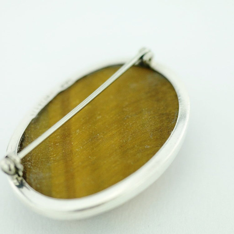 Antique solid silver pin brooch with Tiger Eye gemstone cabochon STERLING WWL