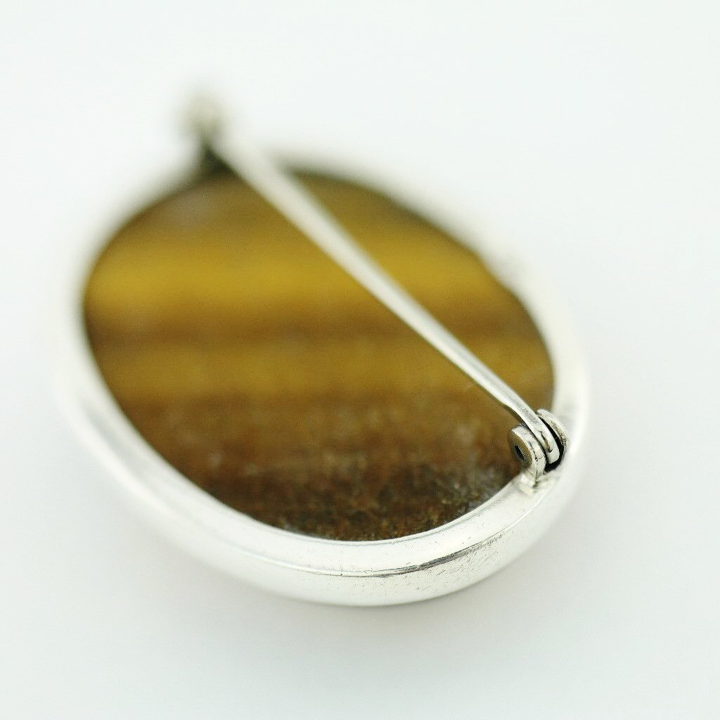 Antique solid silver pin brooch with Tiger Eye gemstone cabochon STERLING WWL