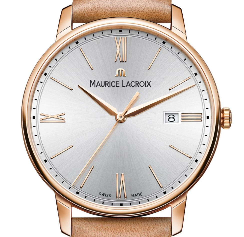 Maurice Lacroix, in der Schweiz hergestellte, vergoldete Eliros Gent-Armbanduhr mit Lederarmband