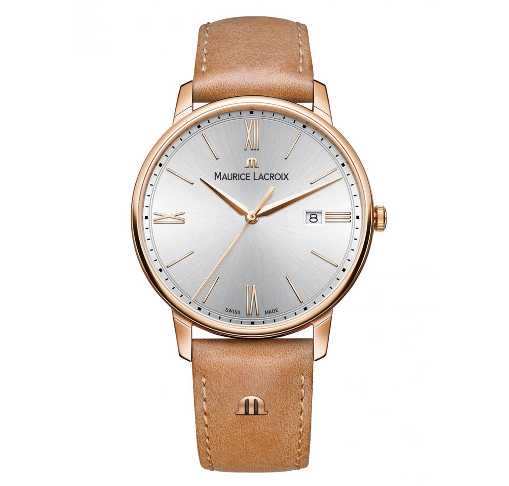 Maurice Lacroix, in der Schweiz hergestellte, vergoldete Eliros Gent-Armbanduhr mit Lederarmband