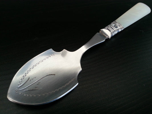 Antique silver plated dessert spoon ornamented with mother of pearl handle British Empire