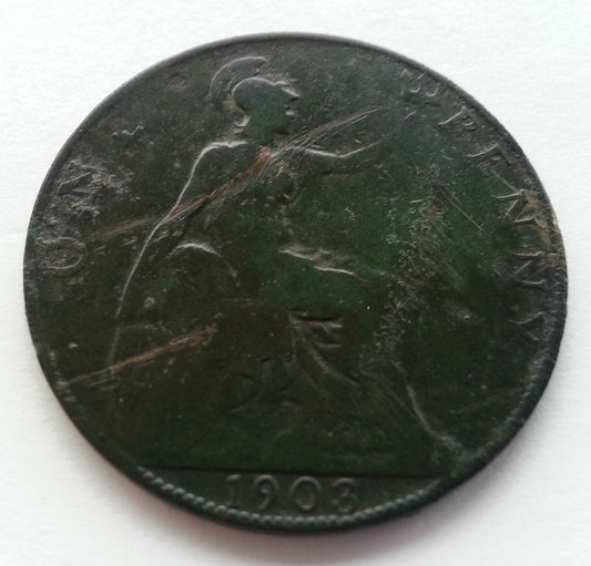 Antigua moneda de bronce de 1903, un centavo de Eduardo VII del Imperio Británico, Londres del siglo XX
