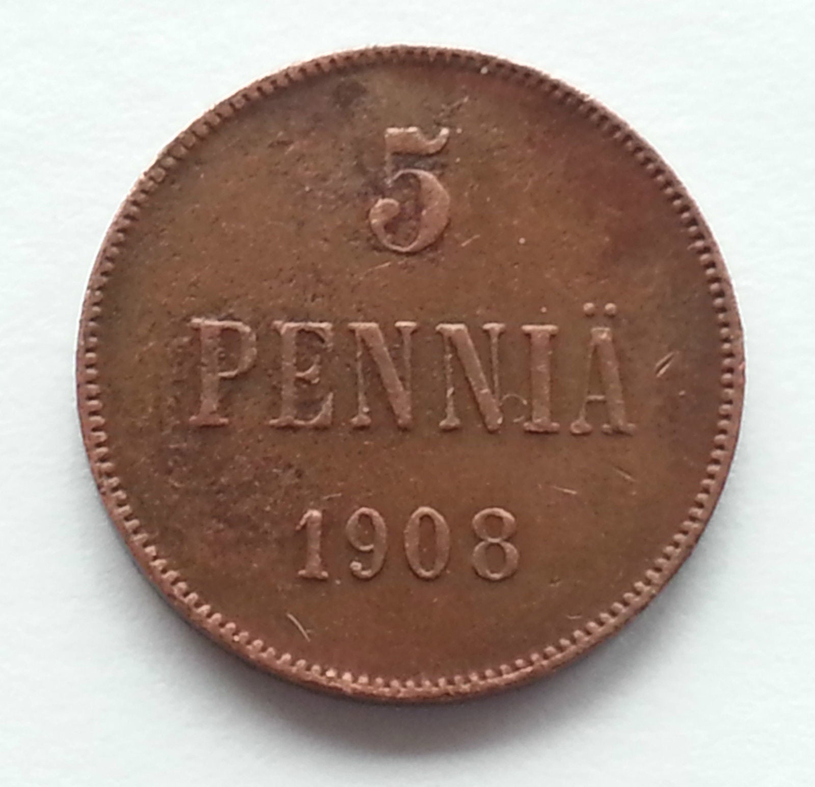 Antique 1908 coin 5 pennia Emperor Nicolas II of Russian Empire SPB Finland