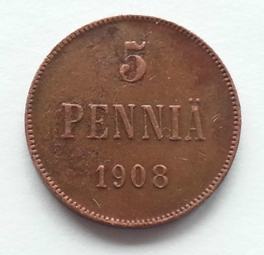 Moneda antigua de 1908 5 pennias Emperador Nicolás II del Imperio Ruso SPB Finlandia