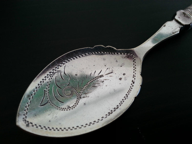 Antique ornamented desert silver plate spoon mother of pearl handle