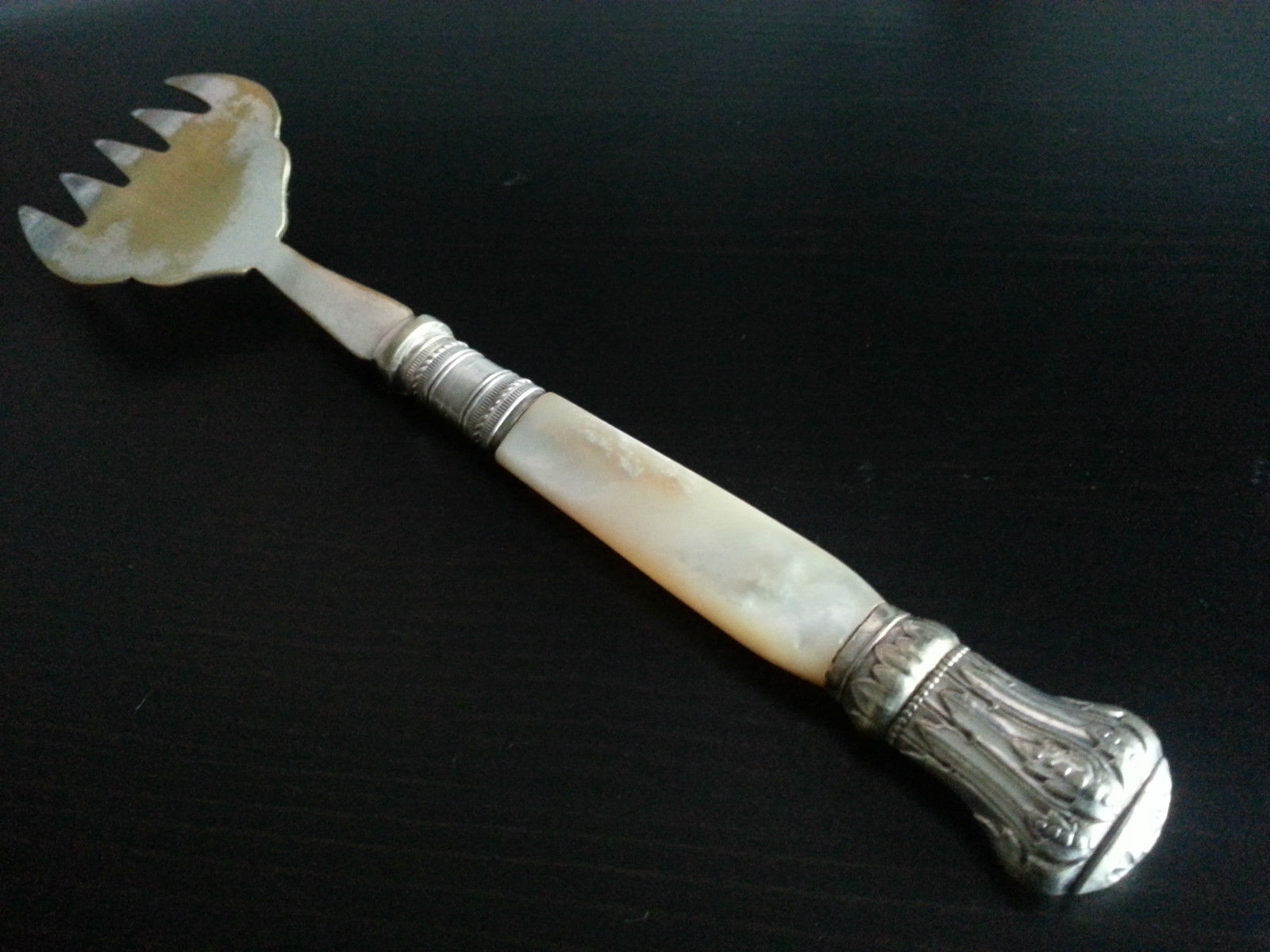 Antique silver plated ornamented fish fork mother of pearl handle MOP Nacre