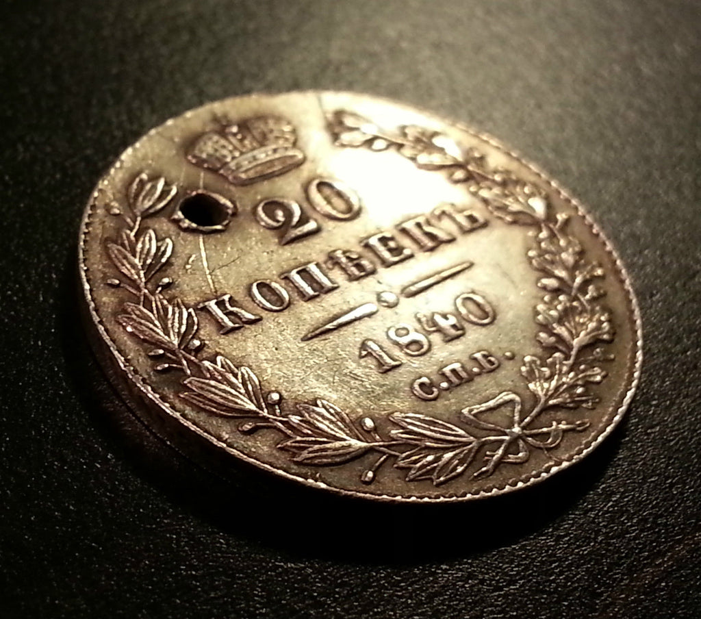 Antike Silbermünze von 1840, 20 Kopeken, Kaiser Nikolaus I. des Russischen Reiches, 19. Jh