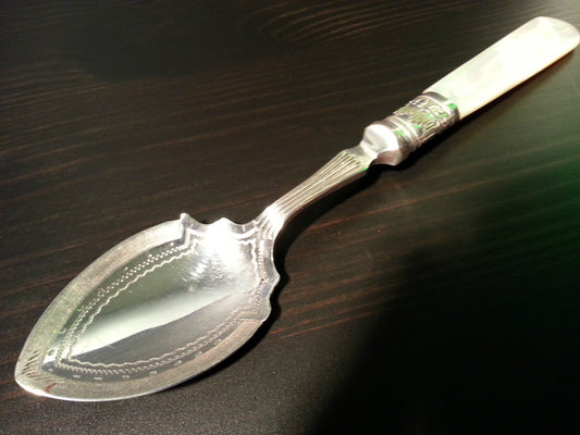 Antique silver plated ornamented desert spoon mother of pearl Nacre MOP handle